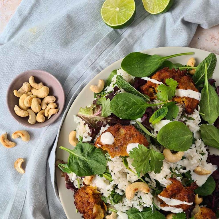 Indian spinach salad with onion bhajis